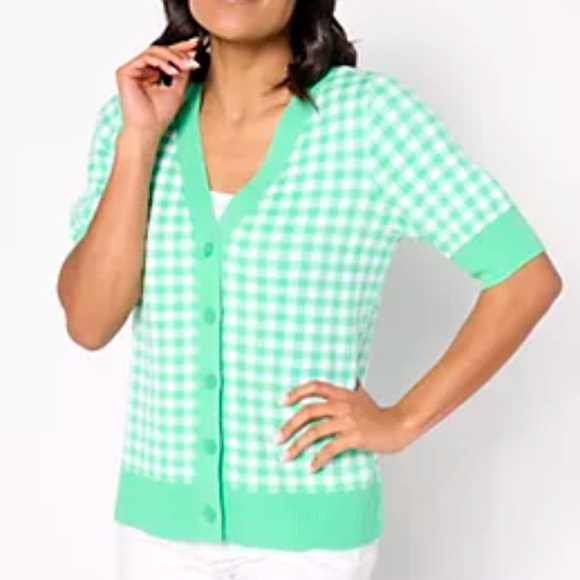 Denim&Co Sweaters - Denim & Co. Green Heritage Puff Sleeve Gingham Cardigan Sweater XL